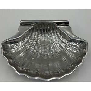 Large Shell Pewter Serving Dish Home Decor 12" X 11.5" Etched Coastal Shiny